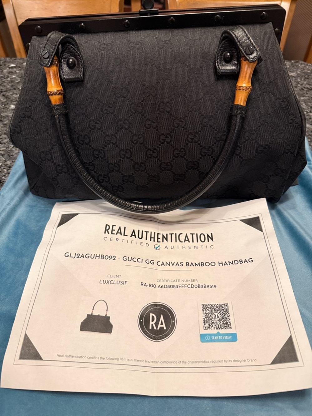 Gucci Black GG Canvas Satchel with Bamboo Handles
